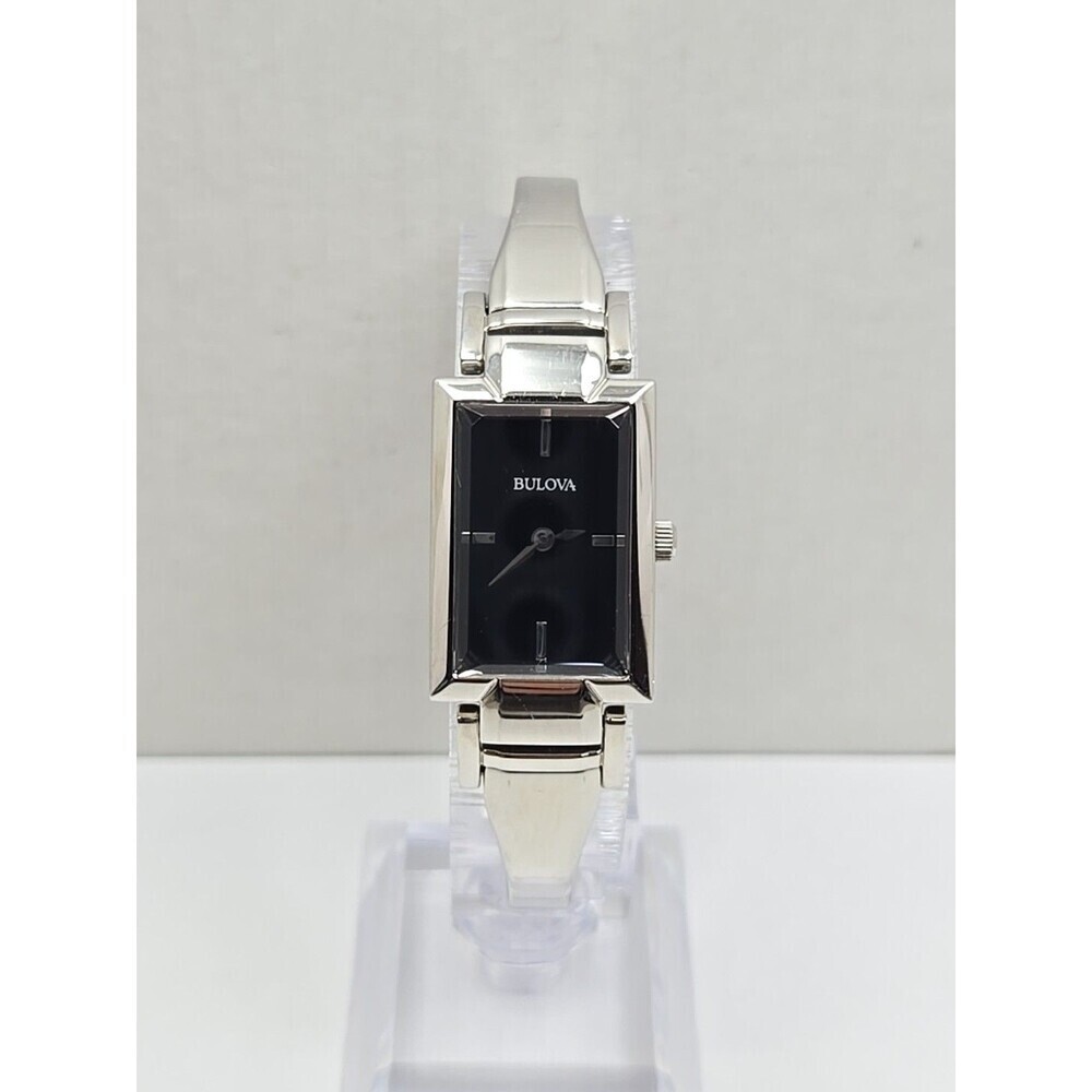 Bulova 96L138 Womens Black Dial Rectangle Stainless Bangle Watch New Battery